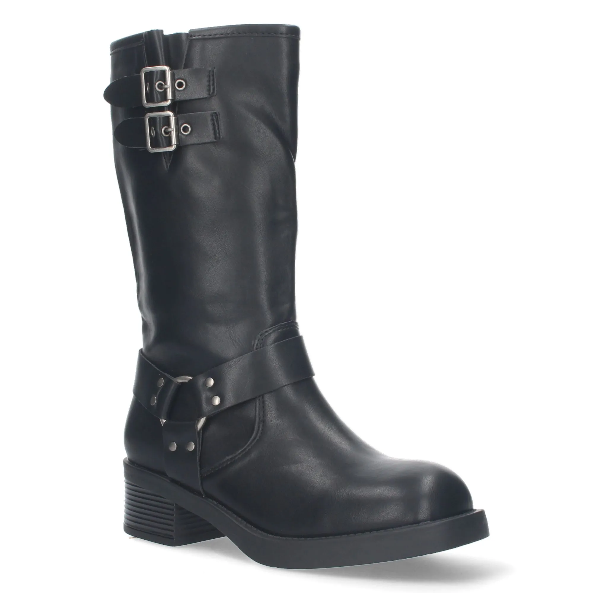 Botas altas planas estilo moteras biker para mujer color negro