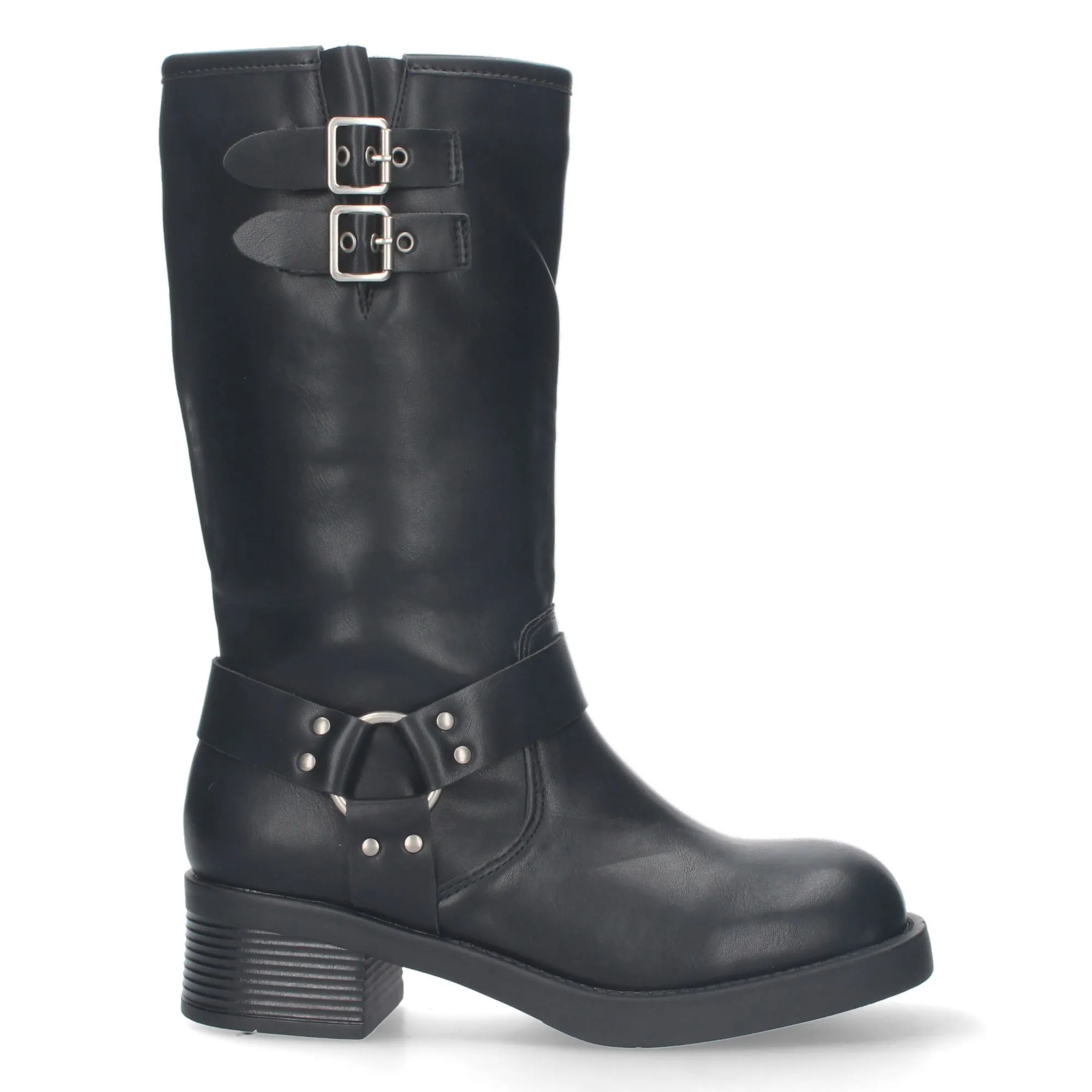 Botas altas planas estilo moteras biker para mujer color negro