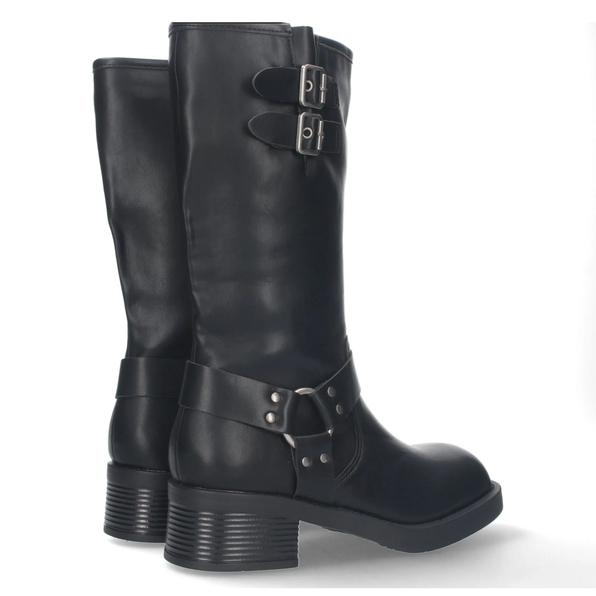 Botas altas planas estilo moteras biker para mujer color negro