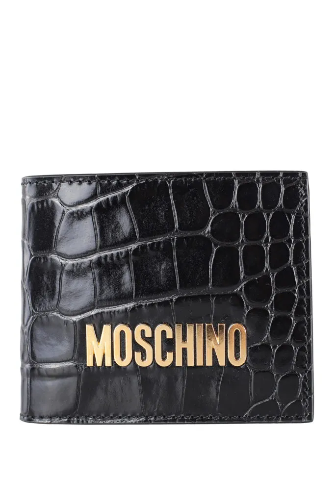 Cartera negra con estampado de cocodrilo y logo 
