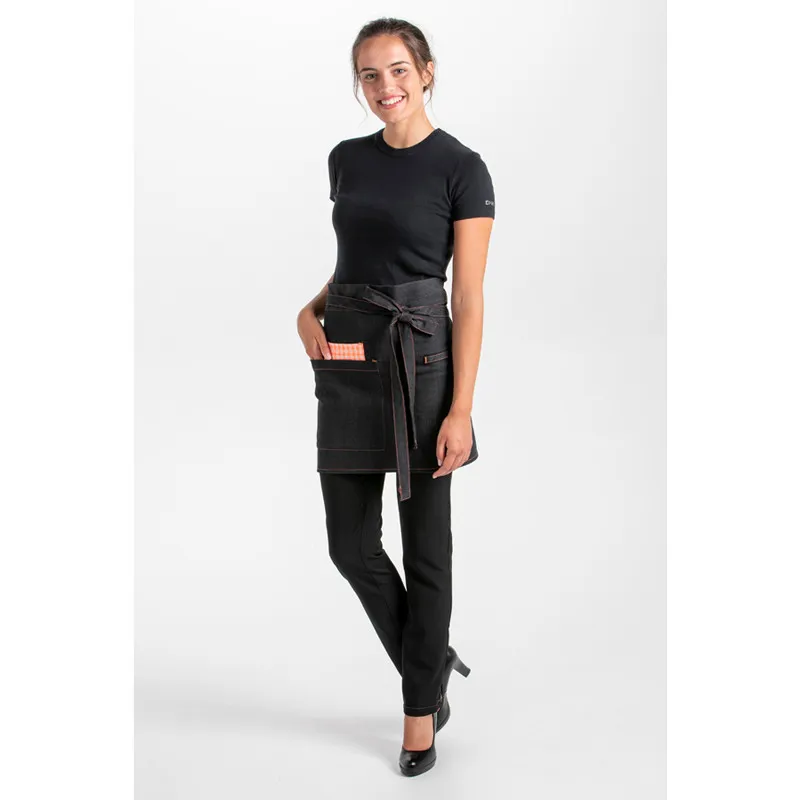 DELANTAL DENIM CORTO NEGRO CON CUADRO NARANJA  DYNEKE