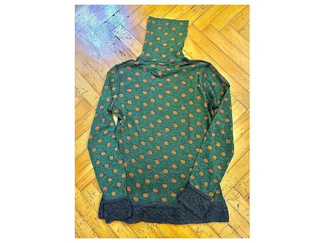 Jean Paul Gaultier Vintage Pois Top en lana verde con pois amarillos. Gris 