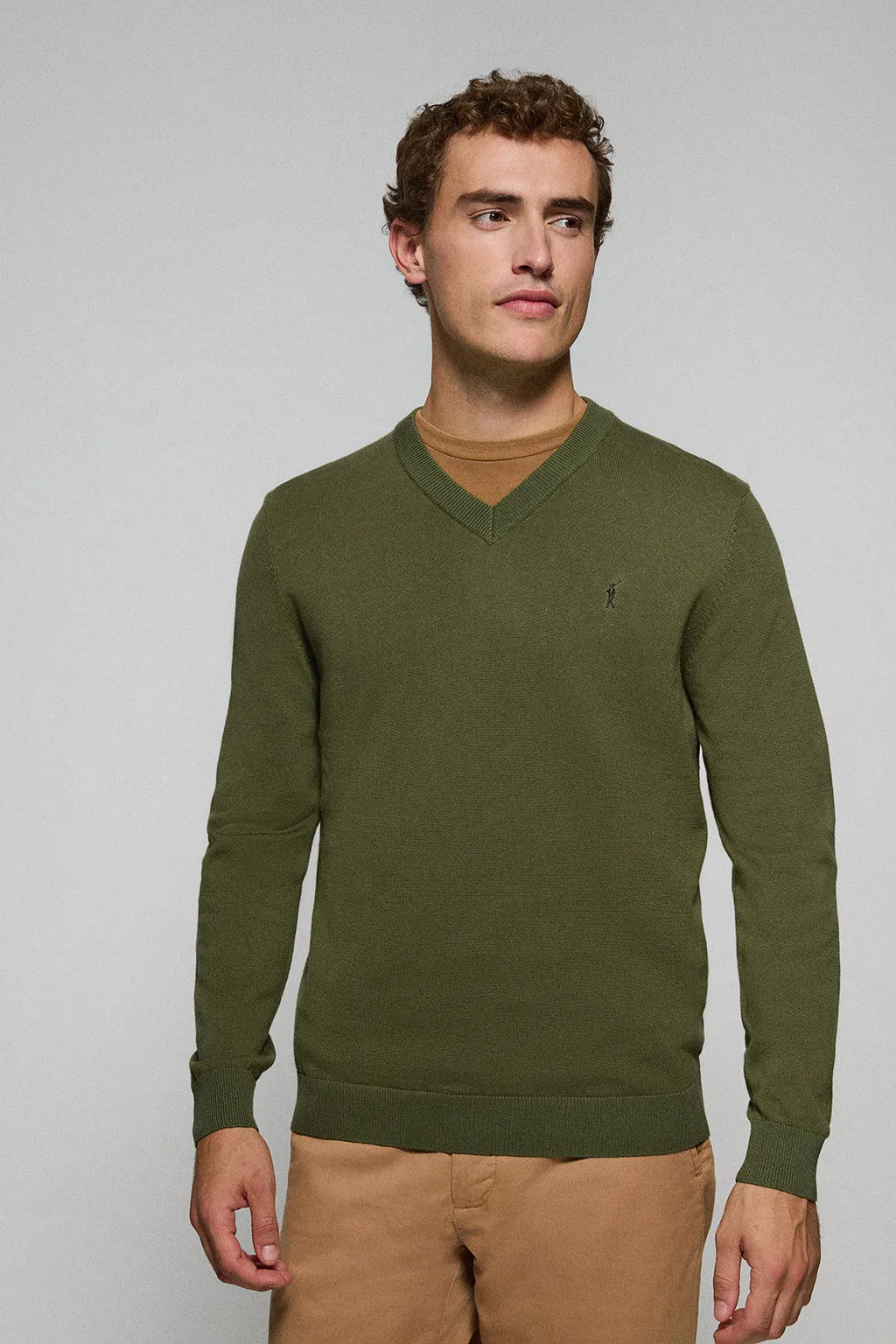 Jersey de punto verde caqui con cuello de pico y bordado Rigby Go