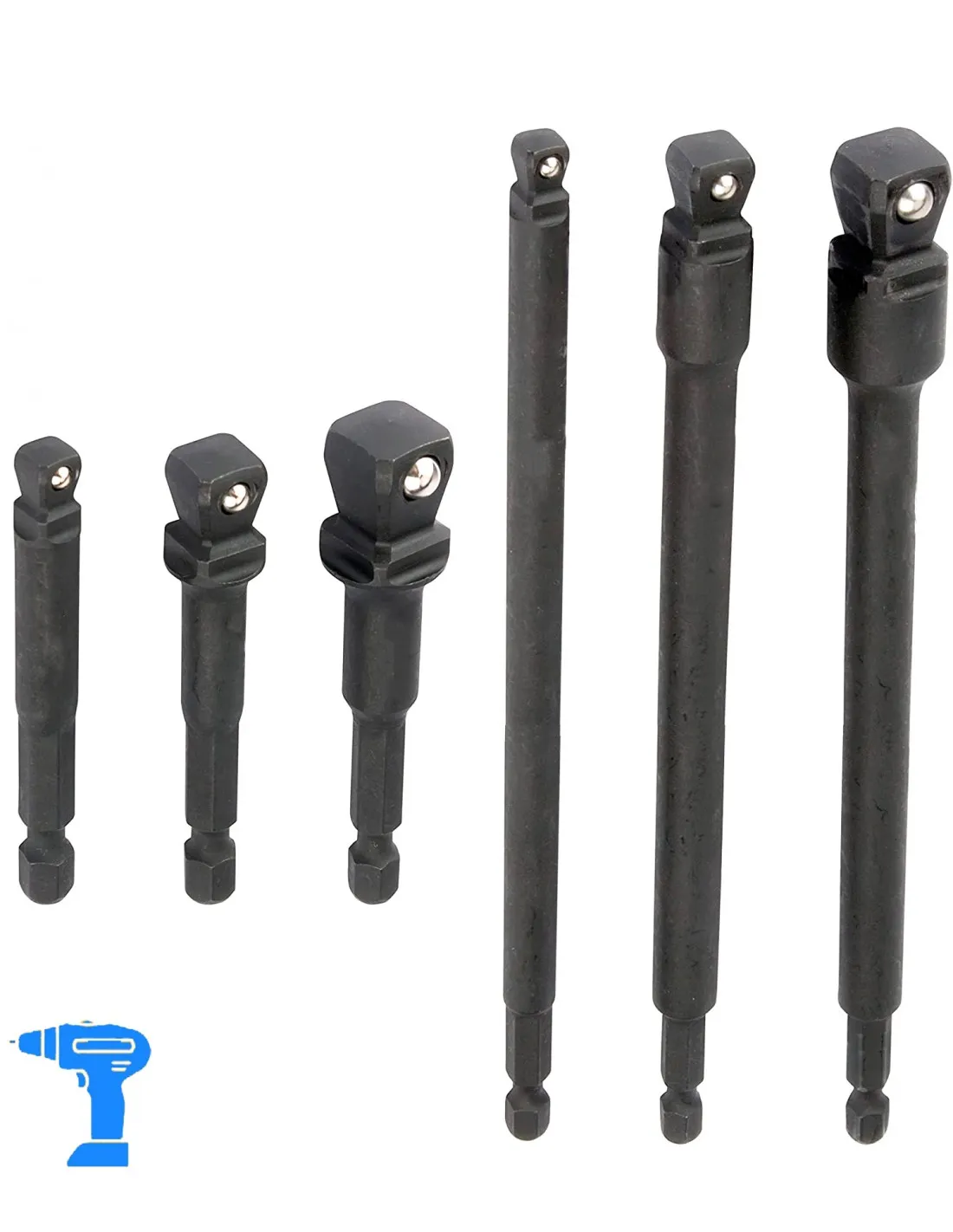 Juego adaptadores de impacto para taladro con cabeza de bola cortos y largos 1/4", 1/2" y 3/8", 6 unidades