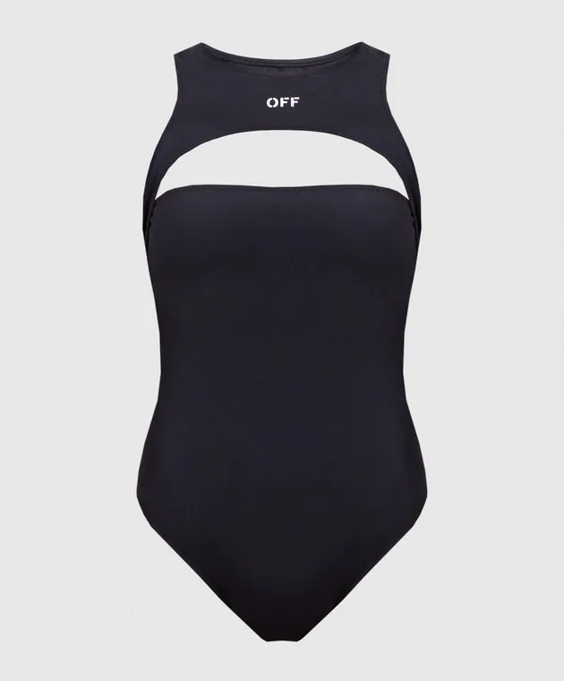 OFFWHITE BLACK SWIMSUIT WITH CONTRASTING LOGO PRINT