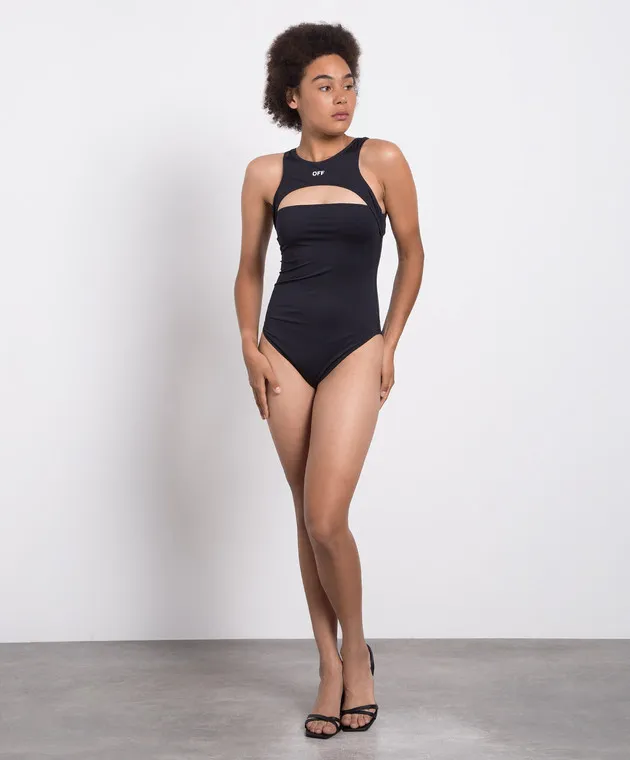 OFFWHITE BLACK SWIMSUIT WITH CONTRASTING LOGO PRINT