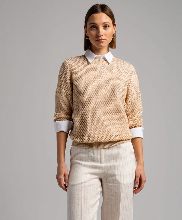 Peserico Beige openwork jumper with sequins
