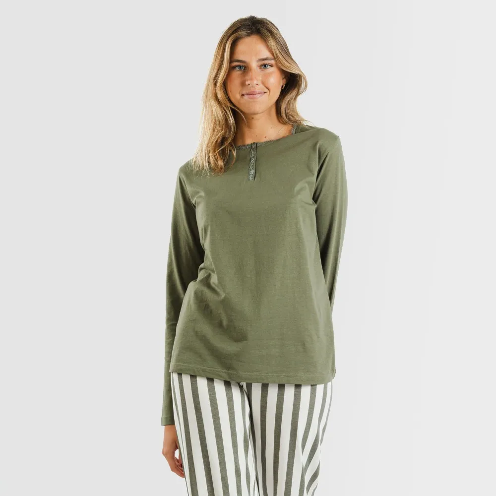 Pijama largo algodón Raya Avilés verde caceria