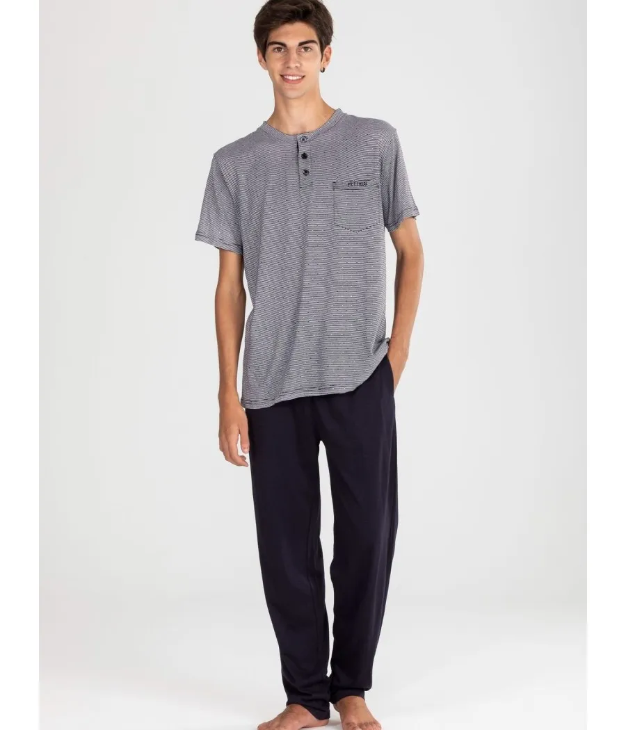 Pijama manga corta Pantalón largo verano hombre Pettrus rayas bolsillos algodón