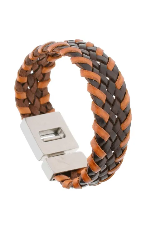 Pulsera hombre cuero marrón dos tonos trenzado 298_P1606