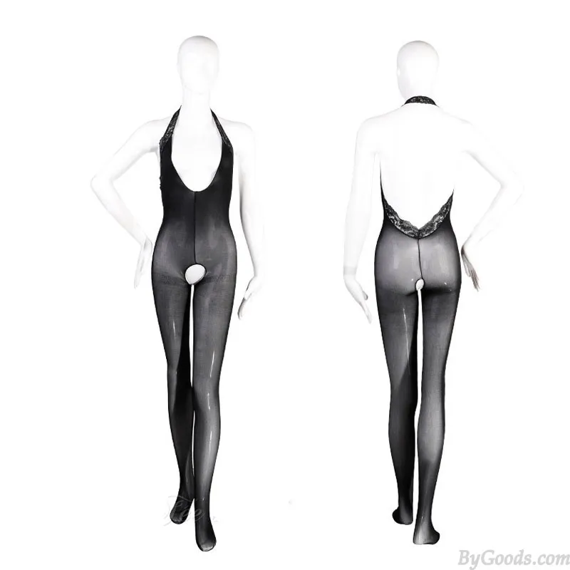 Sexy Teddy For Women Black Deep V Lace Open Crotch Tights Stockings Tightly Bodysuit One Piece Lingerie Bodystocking