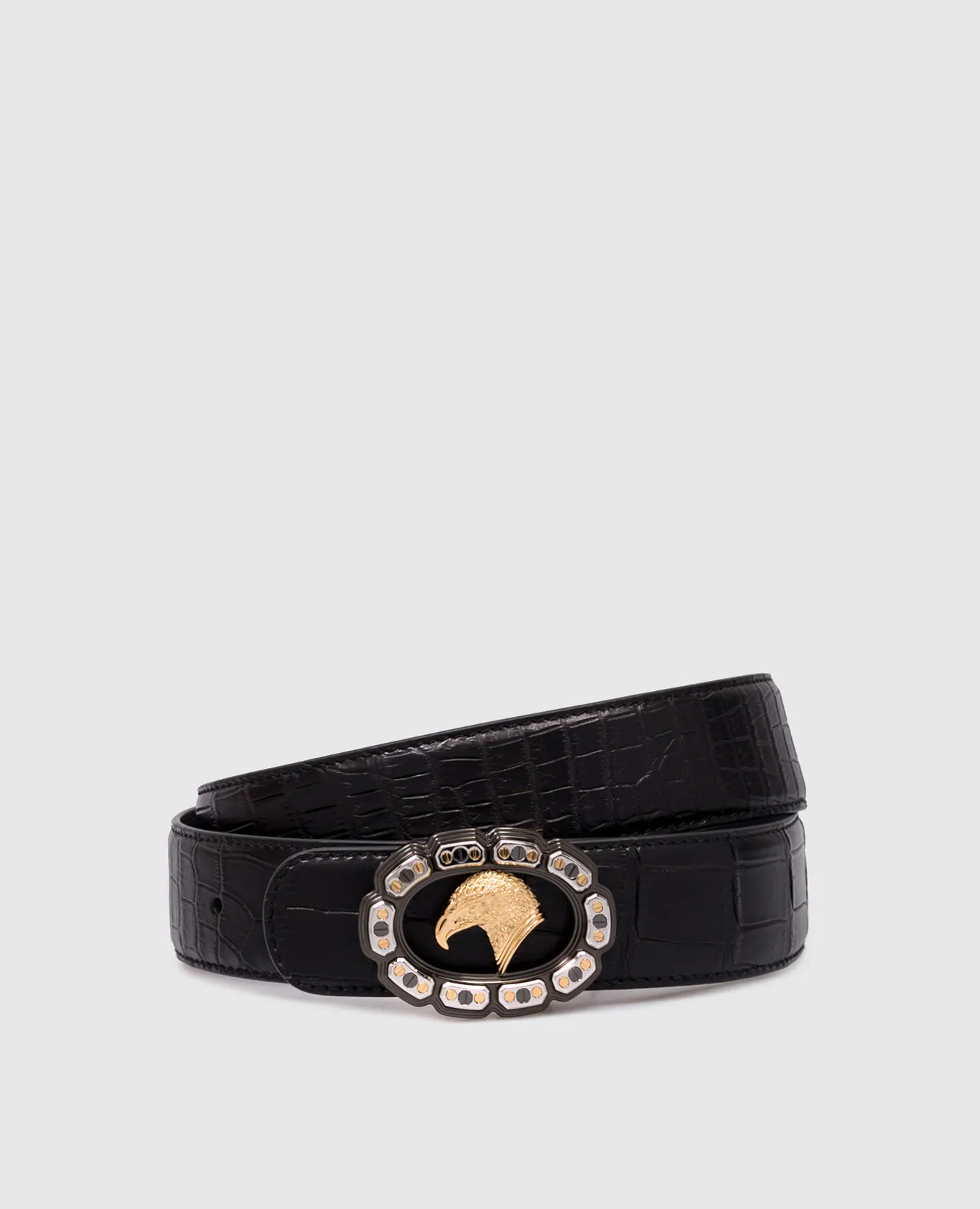 Stefano Ricci Black crocodile leather strap with metal logo badge