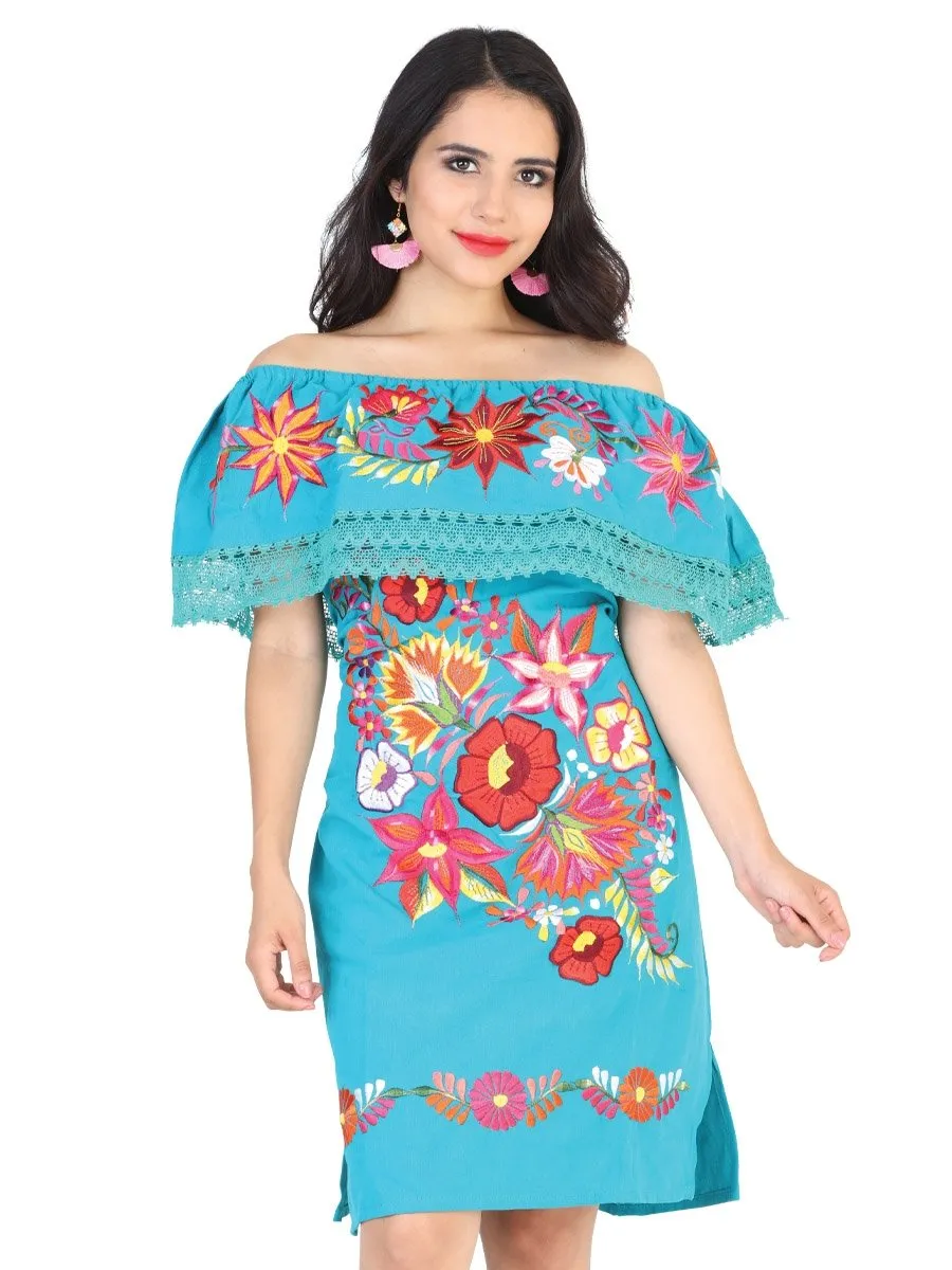 VESTIDO ARTESANAL FINO BORDADO CAMPESINO COLOR AZUL TURQUESA GEN602294