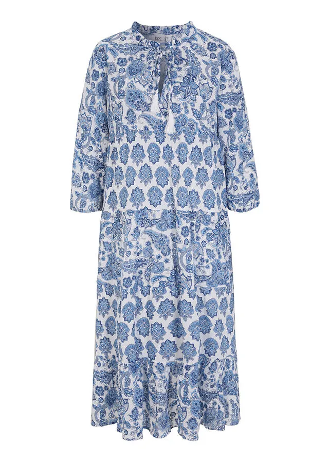 Vestido largo arrugado de algodón con bolsillos azul bebé/blanco/azul genciana