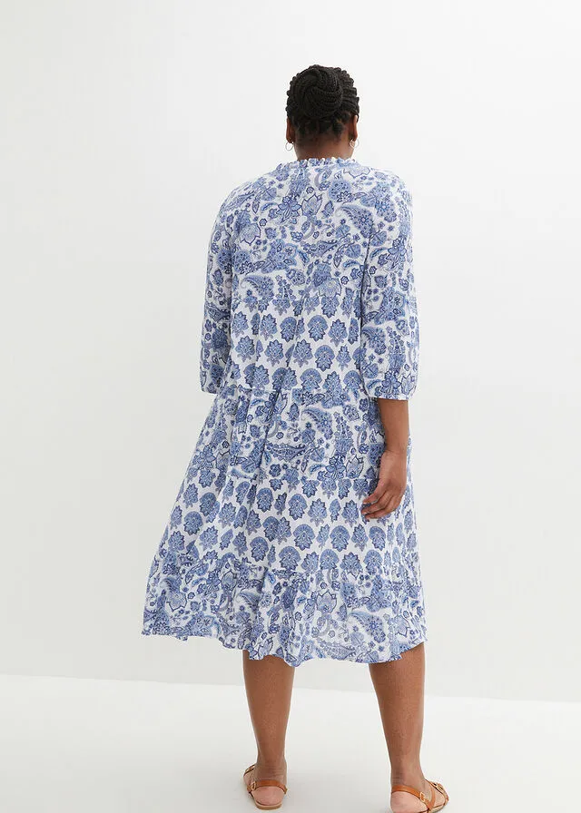 Vestido largo arrugado de algodón con bolsillos azul bebé/blanco/azul genciana