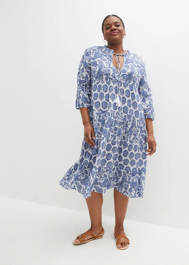Vestido largo arrugado de algodón con bolsillos azul bebé/blanco/azul genciana