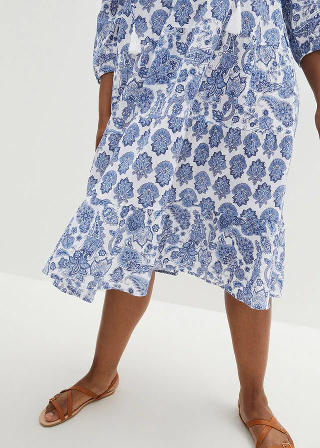 Vestido largo arrugado de algodón con bolsillos azul bebé/blanco/azul genciana
