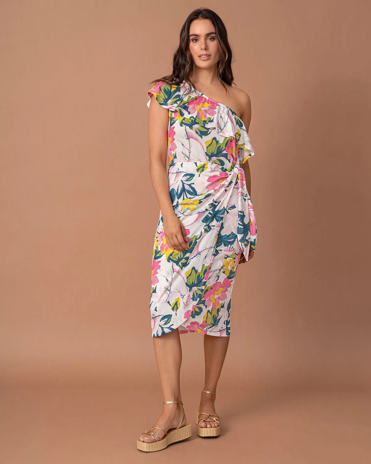 Vestido largo con elástico en escote y tira para anudar en cintura