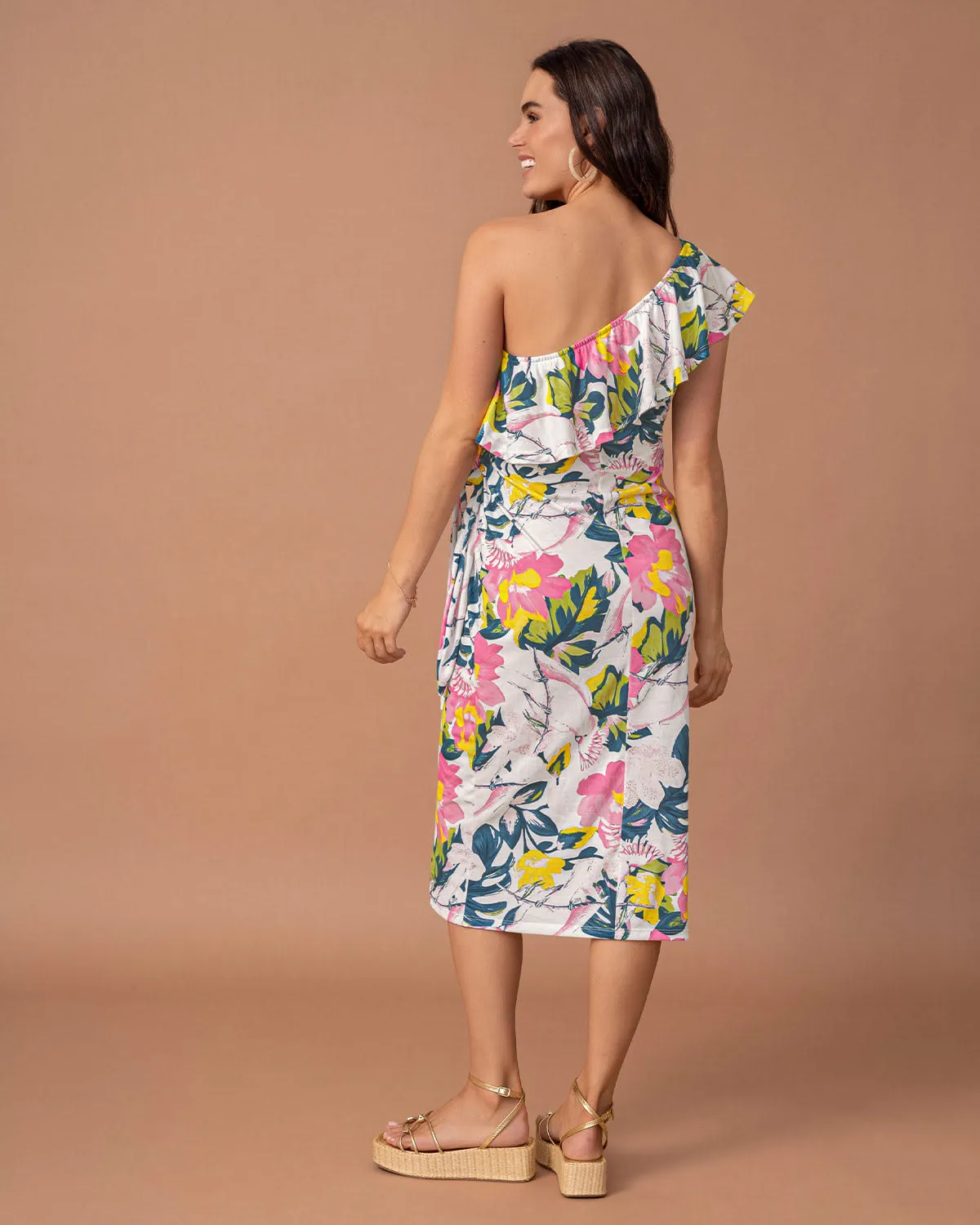 Vestido largo con elástico en escote y tira para anudar en cintura