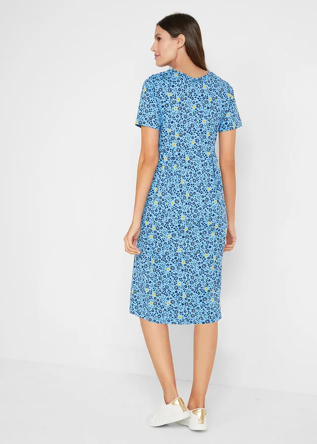VESTIDO MIDI DE PUNTO EN ALGODóN AZUL DE FLORES AMARILLO