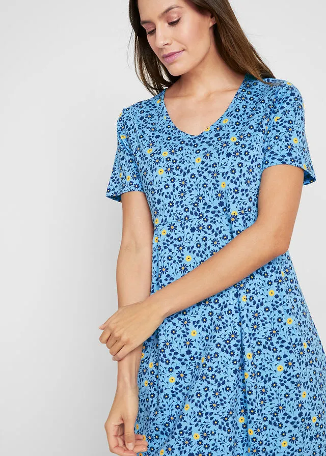 VESTIDO MIDI DE PUNTO EN ALGODóN AZUL DE FLORES AMARILLO
