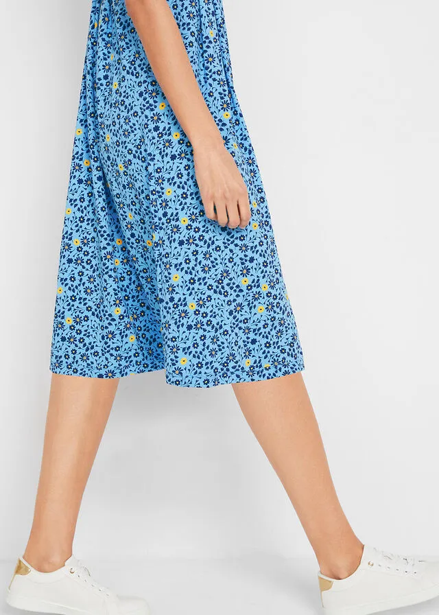 VESTIDO MIDI DE PUNTO EN ALGODóN AZUL DE FLORES AMARILLO